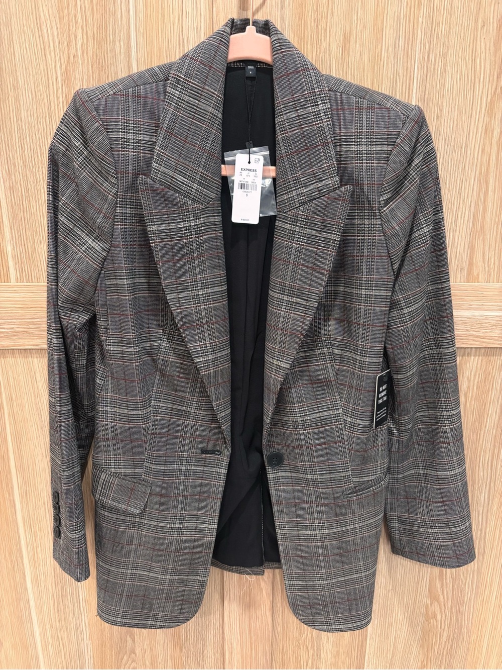 Express Plaid Women's Blazer - Gray with Subtle Red Windowpane